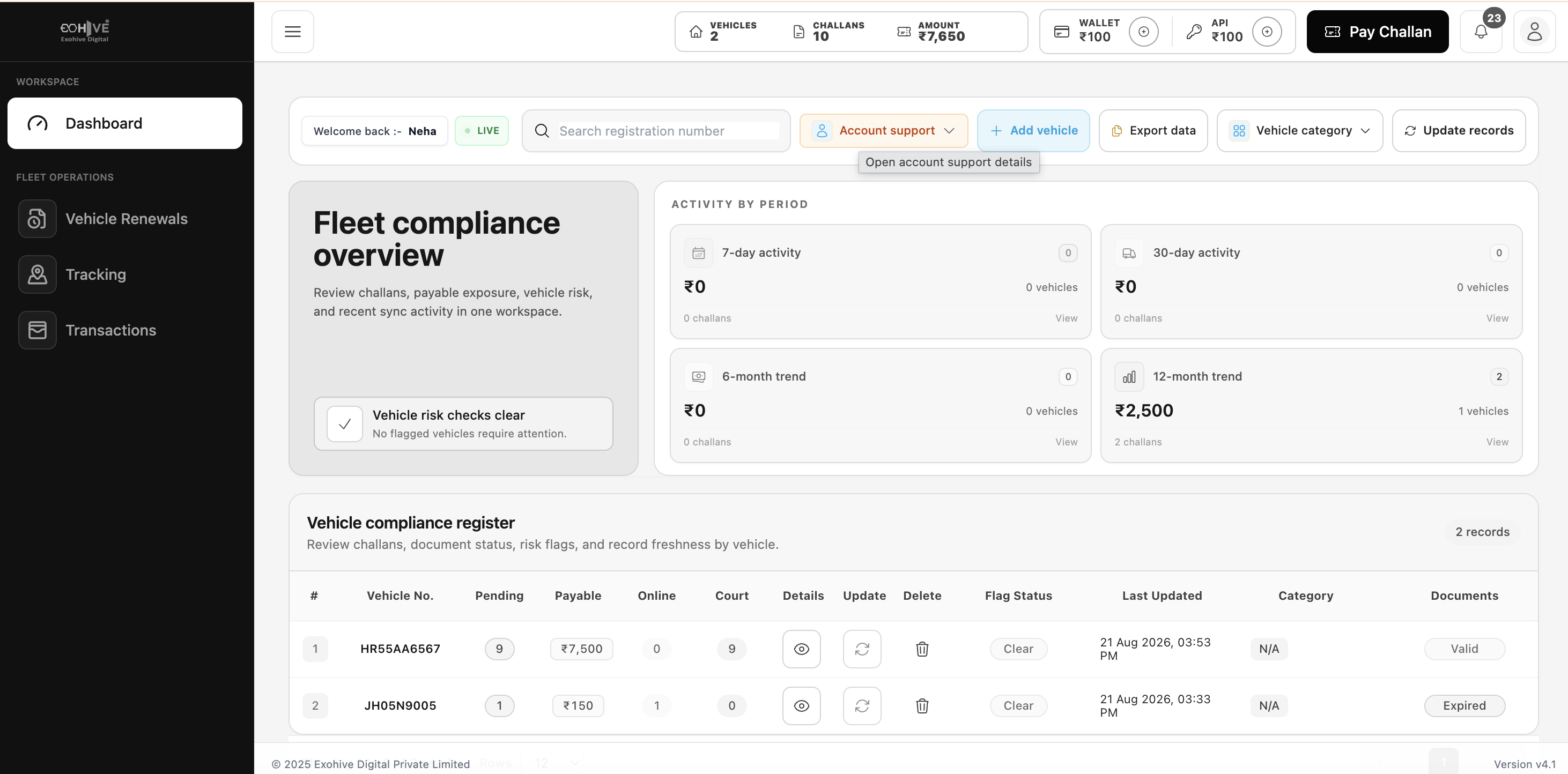 Vahanse fleet compliance dashboard showing vehicle records, challan amount, renewals and activity